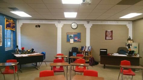 My Latin classroom last year. In proper roman fashion. Latin classroom decor. Latin Declension Charts, Curse In Latin, Teaching Greek And Latin Roots Middle School, Classical Classroom, Latin Vocabulary Games, Latin Classroom, Teaching Latin, Roman Columns, Roman Fashion