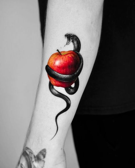 Wrap Around Snake, Apple Tattoo Design, Snake Tattoo Wrap Around, Snake Around Apple Tattoo, Snake And Apple Tattoo Design, Snake Apple Tattoos, Snake And Apple Tattoo, Red Snake Arm Tattoo, Apple Tattoo