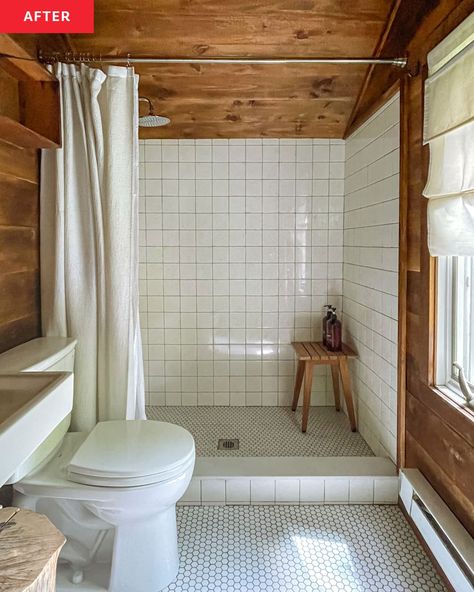 Chic Cabin, Cabin Vibes, All White Bathroom, Cabin Bathrooms, Cottage Bathroom, Wooden Bathroom, Tiny Bathrooms, Shower Surround, White Shower