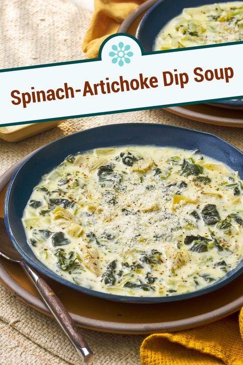 This Easy Creamy Soup Tastes Like Spinach Artichoke Dip Creamy Spinach And Artichoke Soup, Chicken Artichoke Soup Recipes, Spinach Artichoke Tortellini Soup, Creamy Spinach Artichoke Soup, Spinach Artichoke Dip Soup, Spinach And Artichoke Soup, Stuffed Artichoke Soup, Creamy Artichoke Soup, Spinach Soup Recipe Creamy