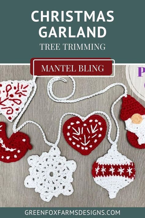 crochet christmas garland Diy Crochet Ornaments, Crochet Christmas Garland, Holiday Crochet Patterns, Christmas Crochet Blanket, Crochet Ornament Patterns, Crocheted Christmas, Crochet Garland, Crochet Christmas Gifts, Crochet Xmas