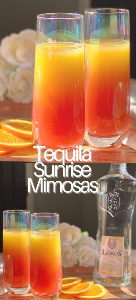 #AD These Sunrise Mimosas are perfect for brunch or happy hour. These colorful cocktails are perfect for the season. Made with Lobos_1707 Tequila and a few simple ingredients for a colorful and tasty drink. Remember to protect your Pack. Drink Responsibly! #Lobos1707 #AllForThePack #WelcomeToThePack #DrinkResponsibly Tequila Sunrise Mimosa, Boozy Brunch Aesthetic, Sangria Mimosa, Sunrise Mimosa, Mimosa Punch, Sunrise Drink, Mimosa Drink, Breakfast Cocktails, Mimosa Recipe