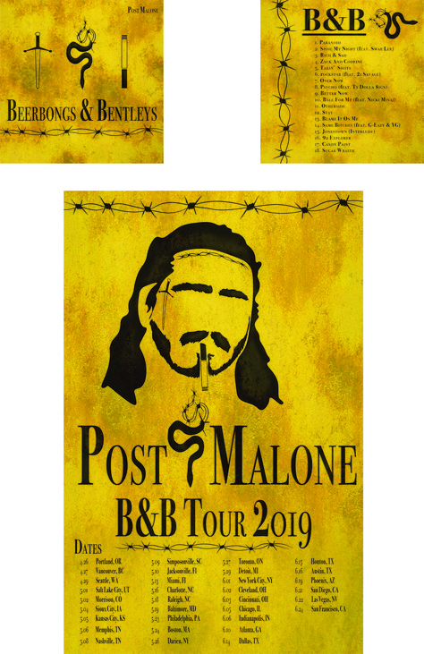 I chose to redesign the album cover Beerbongs and Bentleys by Post Malone. I took his yellow tone and made it dirty and rusted then used symbols from the album and his tattoos to recreate some vector images and add to the cover. Beerbongs And Bentleys Tattoo, Beerbongs And Bentleys, Yellow Tone, Yellow Tones, Post Malone, The Album, Page Layout, B & B, Album Art