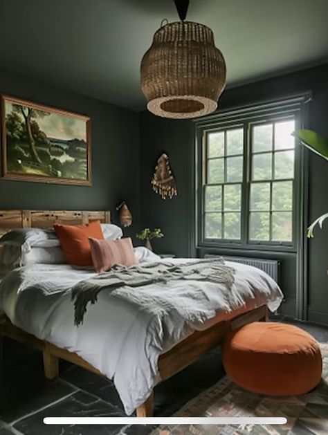 Dark Green Bedroom Inspirations, Forest Green Bed, Dark Green Bed, Tan Sofa Living Room, Dark Green Bedroom Ideas, Green Living Rooms, Dark Green Bedroom, Bamboo Bed Frame, Green Bedroom Ideas