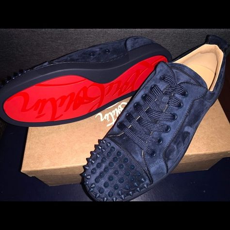 Christian Louboutins navy blue suede red bottom shoes with  spikes on toe Red Bottom Shoes Women, Red Bottoms Sneakers, Louboutin Shoes Mens, Shoes With Spikes, Diamond Shoes, Christian Louboutin Sneakers, Urban Street Fashion, Prom Suit, Louis Vuitton Sneakers