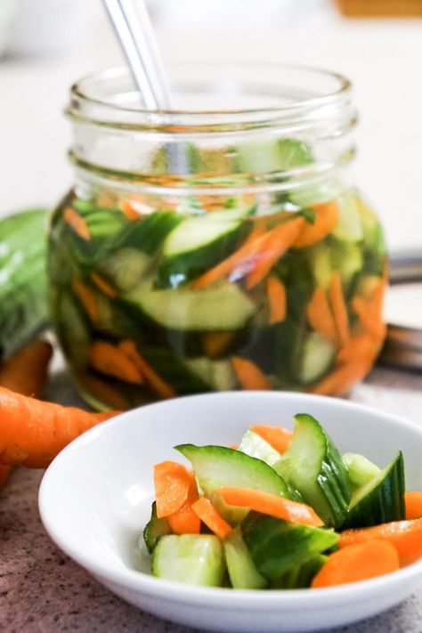 Quick Cucumber and Carrot Pickle Carrot Pickle, Pickled Carrots Recipe, Quick Pickle Recipe, Chicken Spring Rolls, Quick Pickled Cucumbers, Pickled Carrots, Crab Rangoon, Easy Asian Recipes, Just A Pinch Recipes