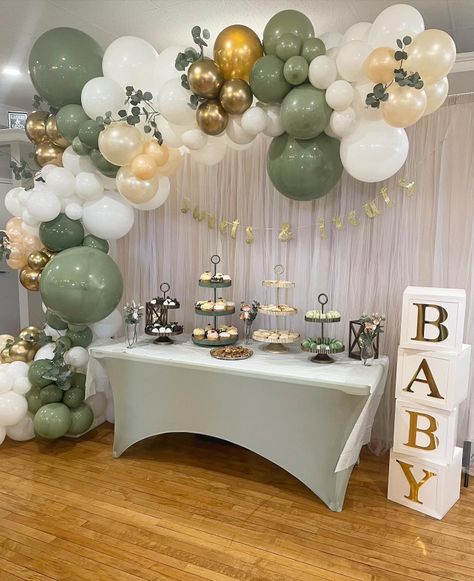 Sage Green Gender Reveal Decorations, Twins Baby Shower Ideas Decoration, Green Theme Gender Reveal, Earth Tone Baby Shower Ideas Boy, Gender Reveal Green And Gold, Sage Decorations Party, Cheese Cloth Decorating Ideas, Gender Reveal Sage Green, Gender Reveal Ideas Sage Green