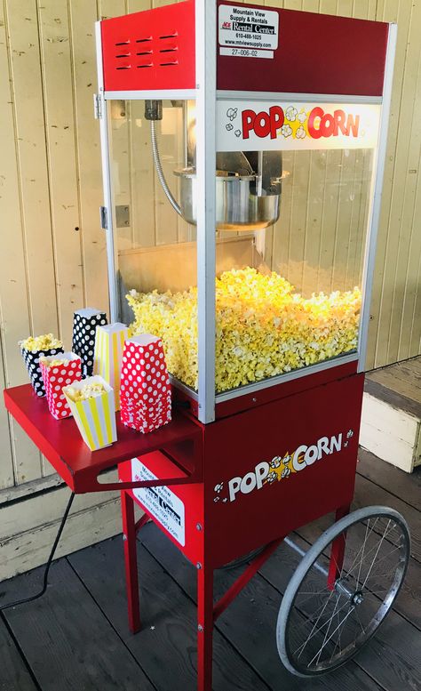 Popcorn Machine Party, Popcorn Machine Aesthetic, Vintage Popcorn Machine, Party Rental Ideas, Popcorn Recipes Easy, Backyard Movie Theaters, Popcorn Stand, Popcorn Cart, Christmas Popcorn