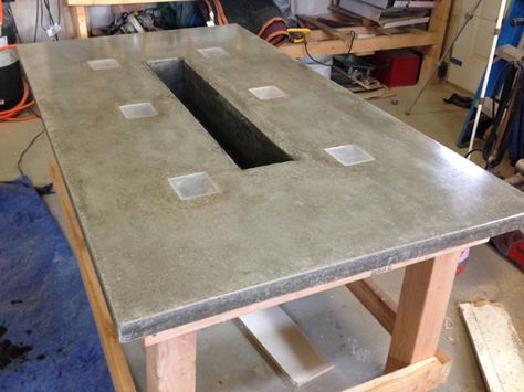 LED Concrete Patio Table with Built-in Beverage Cooler | Make: Concrete Patio Table, Built In Beverage Cooler, Concrete Outdoor Table, Patio Table Decor, Distressed Furniture Diy, Concrete Patio Makeover, Rustic Furniture Diy, Metal Patio Furniture, Outdoor Patio Table