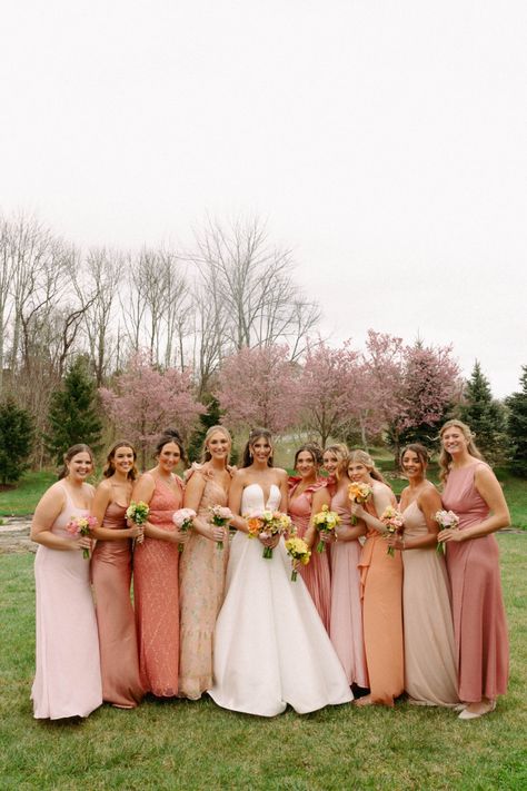 Pretty pink, peach, and champagne bridesmaids dresses for a whimsical wedding in July 💮  Photographer: Mackenzie Grace Creative Florist: Bloomery Blush And Coral Wedding, Peach Orchard Wedding, Bridesmaids Dresses Summer, Peach And Pink Wedding, Peach Wedding Theme, Peach Bridesmaid Dresses, Spring Bridesmaid Dresses, Nj Wedding Venues, Summer Bridesmaid Dresses