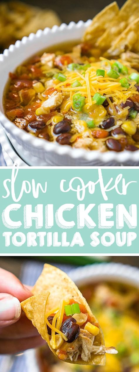 Here is the only chicken tortilla soup recipe you'll ever need! This super easy slow cooker chicken tortilla soup requires less than 10 minutes of prep work and makes meals for the week super easy with the ability to cook extra chicken with the soup for other meals during the week. Hearty, flavorful, and full of chicken, veggies and spices! | THE LOVE NERDS #slowcookersoup #crockpotsoup #easysouprecipes Easy Chicken Tortilla Soup Recipe, Easy Chicken Tortilla Soup, Best Chicken Tortilla Soup, Healthy Chicken Tortilla Soup, Soup Bar, Slow Cooker Chicken Tortilla Soup, Chicken Tortilla Soup Recipe, Creamy Chicken Tortilla Soup, Crockpot Soups