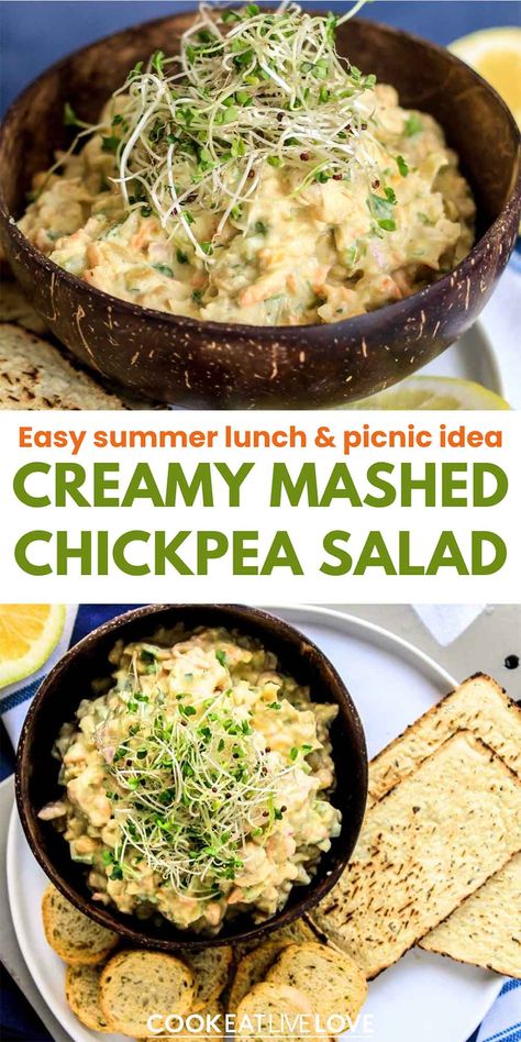 Whip up this creamy chickpea salad in just 15 minutes for the perfect summer lunch or picnic! Combining chickpeas, creamy avocado, and Greek yogurt, this salad is a healthy, easy-to-make option that’s bursting with flavor. This versatile creamy chickpea salad is perfect in wraps, sandwiches, and for topping your summer salads. Get this delicious easy recipe here. #picnicfoodideas #summerlunches #summersalads Plant Based Salad Dressing, Creamy Chickpea, Chickpea Sandwich, Summer Picnic Food, Creamy Mash, Vegetarian Salads, Summer Lunch, Dressing Recipes, Yummy Salad Recipes