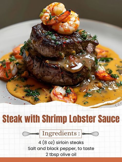 Shrimp And Lobster Sauce, Steak With Shrimp, Lobster Sauce Recipe, Herb Butter For Steak, Lobster Cream Sauce, Lobster Sauce, Steak And Lobster, Pan Seared Steak, Steak And Shrimp