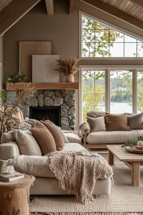 Mountain Pine Paint Color, Cozy Farmhouse Paint Colors, Nancy Meyers Color Palette, Lake House Colors Interiors, Log Cabin Interior Paint Colors, Cozy Living Room Paint Colors, Cabin Wall Colors, Lake House Living Room Ideas, Small Lake Cottage Interiors