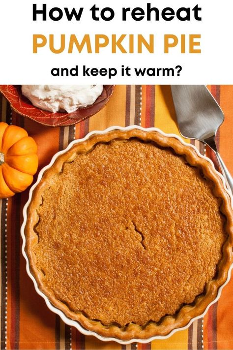 text: "how to reheat pumpkin pie and keep it warm?" and photo of pumpkin pie below it Cold Pumpkin Pie, Fall Treats, Sweet Savory, Freshly Baked, A Pumpkin, Pie Recipes, The Oven, Pumpkin Pie, Apple Pie