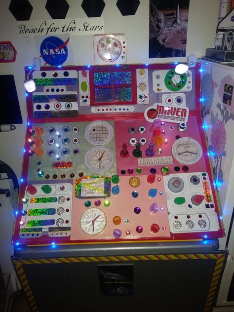 Armature retro style spaceship control panel. I desighn and make this. Diy Spaceship Control Panel, Diy Control Panel, Control Panel Spaceship, Spaceship Control Panel, Spaceship Door, Spaceship Decor, Stellar Vbs, Space Bed, Diy Rocket