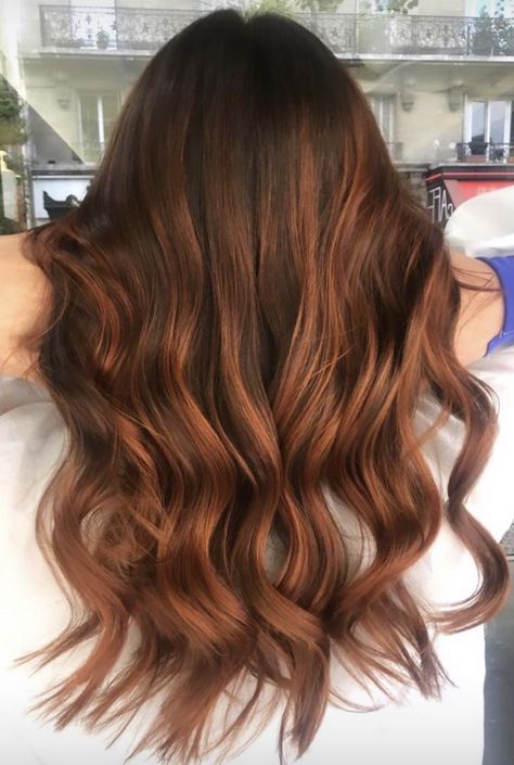 Balayage Hair Cooper, Brunette Copper Hair Balayage, Cooper Red Balayage, Copper Highlights On Brown Hair Caramel, Reddish Brown Hair With Highlights Caramel Red, Light Brown Red Balayage, Cooper Balayage Hair, Cooper Highlights On Brown Hair, Red Tinted Brown Hair