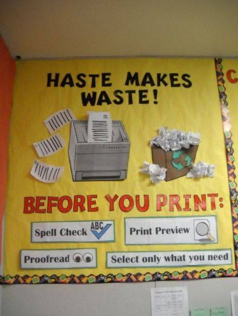 Haste makes waste! Printing guidelines. Ict Display, Computing Display, Computer Lab Decor, School Computer Lab, Computer Classroom, Lab Decor, Elementary Librarian, Tech Room, Teaching Computers