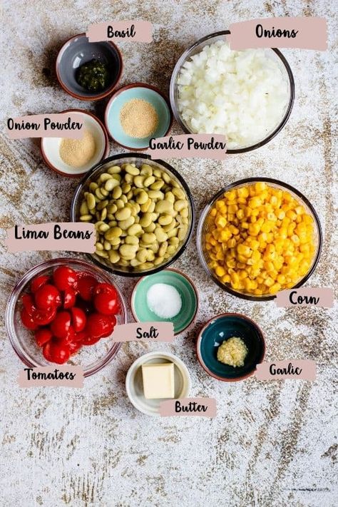 Lima Beans And Corn, Corn Succotash Recipe, Bean Aesthetic, Healthy Veggie Dip, Succotash Recipe, Corn Succotash, Beans And Corn, Tomato Butter, Lima Bean