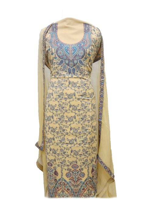 Designer Kashmiri Kani Cotton Suit Set in Yellow Color Cutwork Designs, Designer Suit, Unstitched Dress Material, Cotton Dress Material, Cotton Dress Summer, Chiffon Dupatta, Cotton Suits, Pashmina Shawl, Suit Set