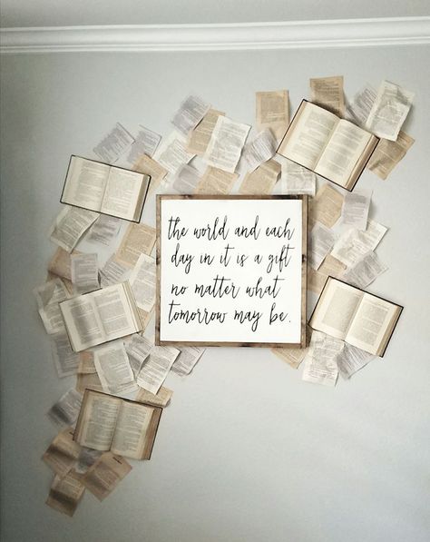 Thought I would share what I have done with some old books that were donated to my LFL. This is in my office and I absolutely love how it turned out. The sign is something I had made with onr of my favorite book quote from Outlander. Literary Decor Ideas, Diy Newspaper Wall Art, Book Cafe Wall Art, Book Quote Wall Art, Book Quote Wall Decor, Book Quote Wall Bedroom, Letterpress Drawer, Bookstore Design, Clothing Store Displays