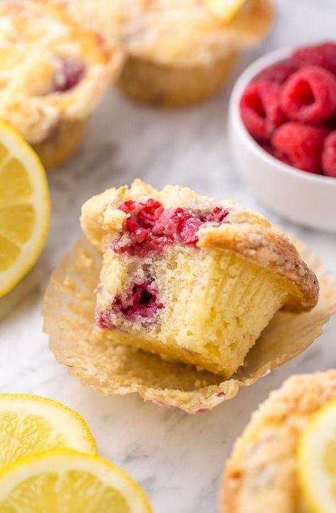 Moist and sunshiny sweet, these Lemon Raspberry Crumb Muffins are so good with a cup of coffee! Loaded with fresh raspberries and bursting with real lemon flavor, these are a must try for any lemon and raspberry lover! Raspberry Muffin Recipes, Raspberry Cake Recipes, Lemon Raspberry Muffins, Lemon And Raspberry, Healthy Breakfast Bowl, Lemon Juice Benefits, Crumb Muffins, Baker By Nature, Lemon Health Benefits