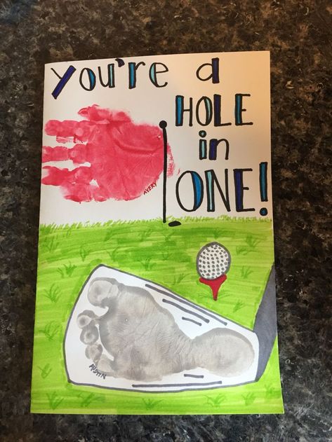 Father's Day card. Hole in one. Golf club footprint, golf flag handprint Golf Crafts, Crib Shoe, Footprint Crafts, Kids Golf, Leather Baby Shoes, Footprint Art, Daycare Crafts, Father's Day Diy, Dad Day