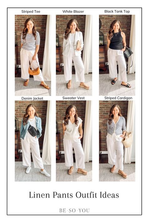 Linen Pants Tennis Shoes, Classic Linen Outfits, Linen Pants Outfit 2023, Linen Pants And Cardigan Outfit, White Pants Shoes, Summer Pants 2023, Linen Pants Shoes, Shirts To Wear With Linen Pants, Linen Pants Outfit Dressy