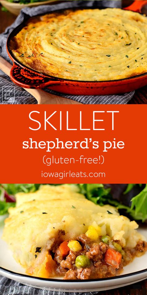 Skillet Shepherd's Pie is comfort in a dish! Take this simple, easy gluten free dinner recipe from stove, to oven, to dinner table. | iowagirleats.com keywords: comfort food recipe, gluten free comfort food, ground beef recipes, ground beef recipes for dinner, ground beef recipes easy, ground beef dishes Iowa Girl Eats, Diner Recept, Gluten Free Recipes For Dinner, Shepherd's Pie, Gluten Free Dinner, Gluten Free Cooking, The Dinner, Dinner Recipe, Clean Eating Snacks