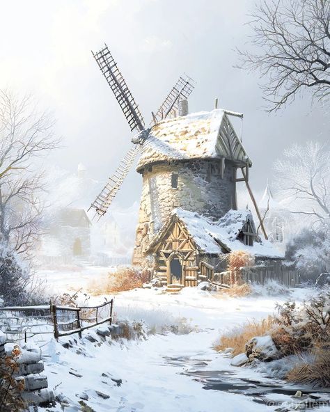 Winterly Windmill. 🌱 Created with Midjourney (AI). 🏰 Visit my profile @ephellem for more fantasy images! 🐉 Follow the link in my… | Instagram Fantasy Windmill, Medieval Windmill, Background Painting, Mood Images, Image Downloads, Fantasy Images, Building Structure, Winter Art, Snow Winter