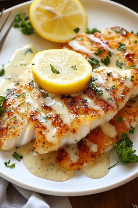 Lemon Pepper Crusted Tilapia, Whole 30 Tilapia, Creamy Lemon Tilapia, Fish With Shrimp Cream Sauce, Breaded White Fish Recipes, Tilapia With Lemon Cream Sauce, Sauce To Go With Fish, Tilapia Recipes Gluten Free, Fish Talipa Recipes