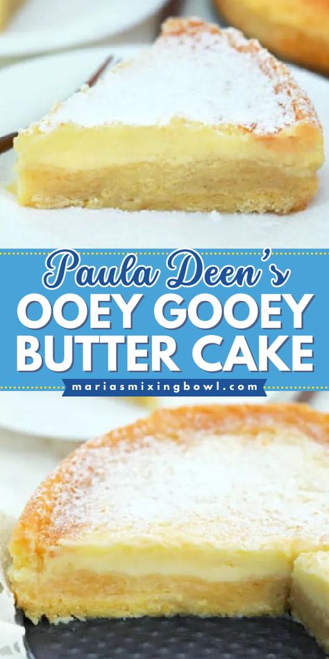 Paula Deen's ooey gooey butter cake recipe! It's an easy dessert idea. Moist and fluffy with a rich and buttery cream cheese topping, this pound cake will become one of your favorite things to bake. Such a yummy cake flavor! Brunch Coffee Cake, Best Butter Cake Recipe, Ooey Gooey Butter Cake, Butter Pound Cake, Easy Cakes To Make, Paula Deen Recipes, Gooey Butter Cake, Butter Cake Recipe, Chocolate Banana Bread