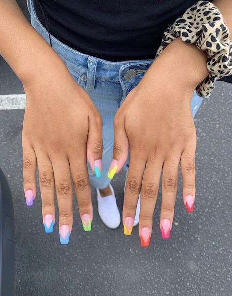 Rainbow French Tip Nails, Weddig Nails, Rainbow French, Multicolored Nails, Bridesmaids Nails, Retro Nails, Colored Acrylic Nails, French Tip Acrylic Nails, Simple Acrylic Nails