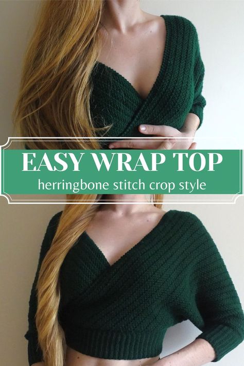 This super easy and beginner friendly crochet wrap top is a flattering crop style with a beautiful chunky herringbone stitch giving it lots of texture and warmth. Full video tutorial at the link and written instructions found in the video description 💚 #crochettop #crochetcroptop #crochetjumper #crochetsweater #crochetcrop #easycrochet #beginnercrochet #crochettutorial Easy Crochet Wrap, Crochet Wrap Top, Sweatshirt Romper, Cardigan Au Crochet, Easy Wrap, Crochet Mignon, Confection Au Crochet, Pull Crochet, Herringbone Stitch