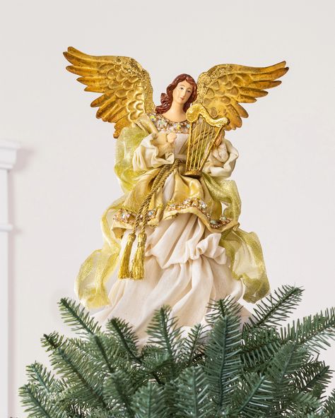 Add a touch of grace to your holiday décor. This stunning angel accent brings sophisticated shimmer to your Christmas tree, mantel, or tabletop. | 10" Gilded White Angel Tree Topper Balsam Hill Trees, Balsam Hill Christmas Tree, Angel Dolls, Slim Tree, Victorian Angels, Angel Christmas Tree, Angel Christmas Tree Topper, Prelit Tree, Balsam Hill