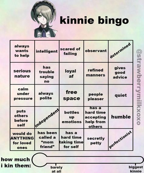 pls credit if you use thx xoxo Makoto Naegi Kinnie Bingo, Danganronpa Bingo Kin, Miu Iruma Kinnie Bingo, Danganronpa Kinnie Bingo, Character Bingo, Kin Bingo, Komaru Naegi, Kinnie Bingo, Makoto Naegi