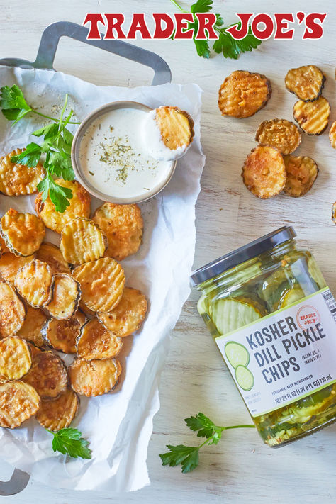 Trader Joe's Kosher Dill Pickle Chips used in recipe for 'Fried Pickle Chips'; on a silver tray with parchment papger, a side dish of ranch dressing and parsley garnish Fried Pickle Chips, Birthday 28, Burger Sandwich, Garlic Ranch, Dill Pickle Chips, Pizza Topping, Pickle Chips, Ranch Recipe, Fried Pickles