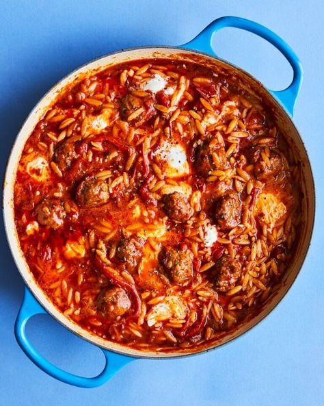 One-pot harissa meatball orzo - delicious. magazine Harissa Meatballs, Meatball Orzo, Winter Pasta Recipes, Curry Stew, Quick Pasta Recipes, Mozzarella Recipes, Orzo Recipes, Lamb Meatballs, Delicious Magazine