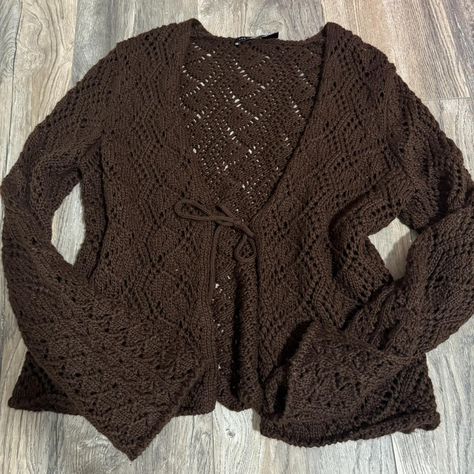 Brown crochet cardigan with tie front detail #fairy... - Depop Fairy Core Cardigan, Tie Cardigan Crochet, Crochet Tie Cardigan, Thrifted Cardigan, Fairycore Cardigan, Brown Crochet Cardigan, Cardigan Aesthetic, Thrift Manifest, Cardigan With Tie