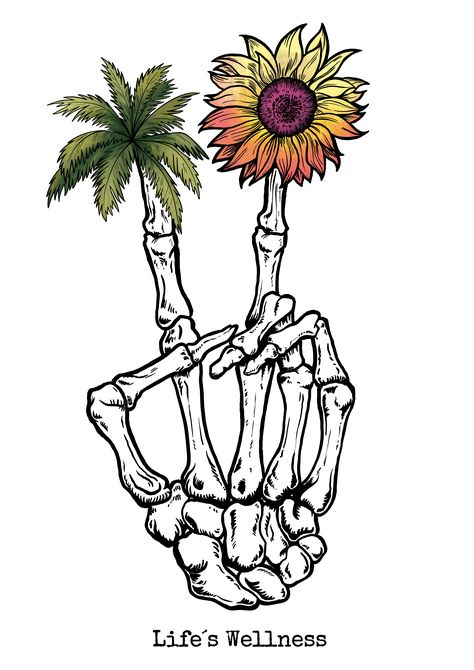 Sunflowers and Palm Trees are both unique in their own beautiful way; just like us all. Be understanding. Peace. Life's Wellness | hipster illustration graphics | skeleton hand illustration | skeleton hand vintage illustration | skeleton hand graphic design | skeleton hand tattoos flowers | skeleton hand tattoo design | skeleton hand tattoo ideas | skeleton hand peace sign | skeleton hand peace sign tattoo | skeleton hand peace sign drawing | skeleton hand doing peace sign Skeleton Hand Holding Sunflower Tattoo, Sunflower And Palm Tree Tattoo, Skeleton Hand Holding Flower, Peace Skeleton Hand, Skeleton Hand Peace Sign Tattoo, Skull Hand Peace Sign Tattoo, Skeleton Beach Tattoo, Ukulele Tattoo, Skeleton Hand Hang Loose