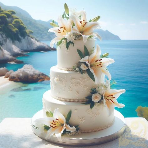 https://card9.com/ai/wedding-cake-lily-flowers Stargazer Lily Wedding, Lily Wedding Cake, Lily Cake, Fiftieth Birthday, Floral Wedding Cakes, Lily Wedding, Bridal Decorations, Lily Flowers, Wedding Vision