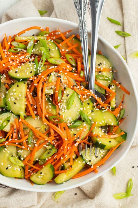 Crisp, and deliciously refreshing, this easy to prepare cucumber and carrot salad is tossed in a tasty soy and sesame dressing.