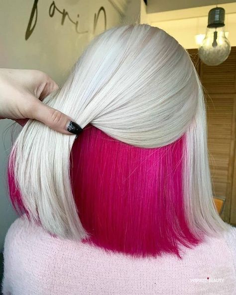 Two Tone Hair Color Ideas, Two Tone Hair Color, Mane Magic, Underneath Hair Color Ideas, Peekaboo Hair Colors, Blonde Hair With Pink Highlights, Gemini Hair, Underneath Hair Color, Half And Half Hair