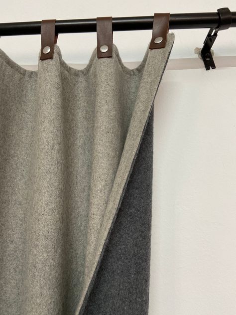 "Window and door curtains in lovely wool felt fabric.  These curtains are crafted from soft felt fabric.  Crafted from high quality fabric, this hook heading style drape will bring warmth and elegance to your room décor.  The curtain heading can be changed as per your preference.  Available leading options are - leather tab, wool tab, eyelet and single pleat. The cost will vary as per heading style. This two layer wool felt curtain can -  1. Cut light by up to 99.2% 2. Cut sound by up to 23 deci Felt Curtains, Double Layer Curtains, Wool Curtains, Rv Curtains, Hygge Bedroom, Wool Felt Fabric, Light Blocking Curtains, Curtain Headings, Plain Curtains