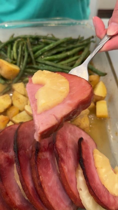 Scrumptious one pan ham dinner | ham, potato, Ananas comosus, mustard | Scrumptious one pan ham dinner Olivia uses pre-cooked ham, pineapple, potatoes, green beans, seasonings, oil, apple juice, brown sugar, honey and... | By Olivia One Pan Ham Dinner, Ham And Pineapple Recipes, Baked Meats, Dinner Ham, Slow Cooker Pork Chops Recipes, Manifesting Health, Baked Ham With Pineapple, Ham And Green Beans, Ham Pineapple