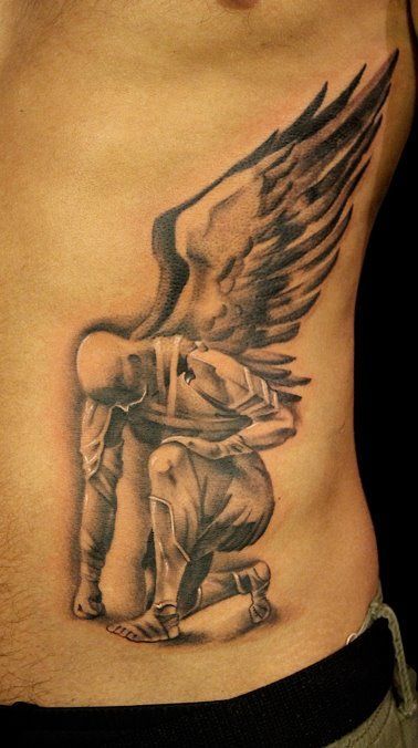 Even though tattoos have been around for centuries, today they have become more popular then they have ever been. They are easily considered one of the greatest forms of nonverbal communication and also one of… Fallen Angel Tattoo, Rib Tattoos For Guys, Guardian Angel Tattoo, Archangel Tattoo, Kunst Tattoos, Angel Tattoo Designs, Inspiration Tattoos, Religious Tattoos, Wings Tattoo