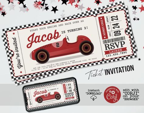 Race Car Ticket Invitation, Racing Car Birthday Invitation, Race Car Birthday Invitations, Racing Birthday Party, Car Invitation, Baby Boy Birthday Themes, Bike Birthday Parties, Cars Invitation, Cars Birthday Invitations