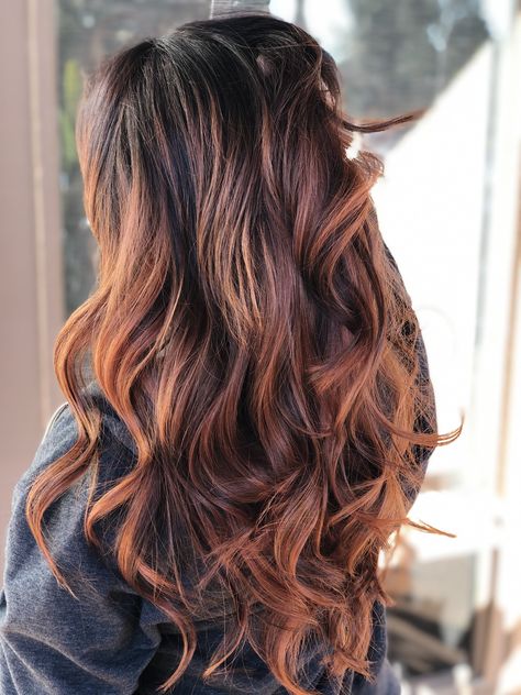 Warm tones. Copper red balayage Red Tones Balayage, Cowboy Copper Balayage, Copper Red Balayage, Copper Balayage Brunette, Baylage Hair, Spring Hair Trends, Red Balayage, Spring 23, Balayage Hair Dark