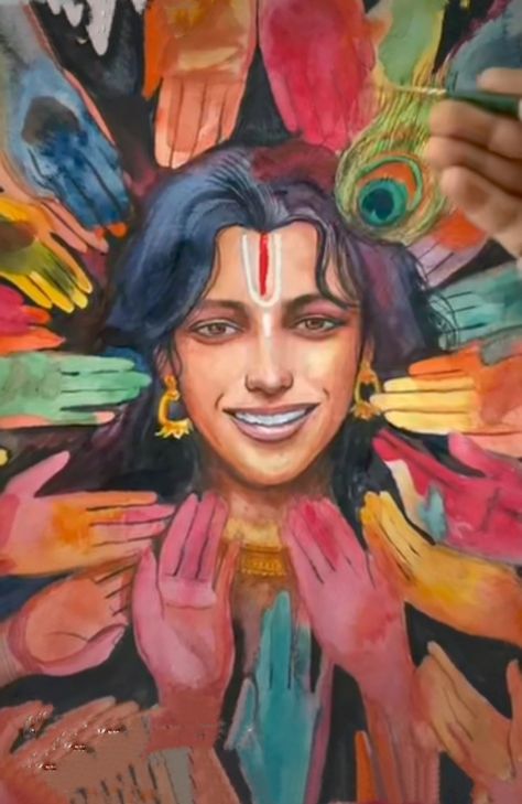 This painting of lord Krishna is done by using watercolors on a drawing sheet. This painting is a perfect example of vibrant colours , playfulness n happiness . Painting Of Lord Krishna, Holi Painting, Holi Drawing, Diwali Painting, Pencil Sketch Images, Indian Art Gallery, Drawing Sheet, Animation Art Sketches, Colour Painting