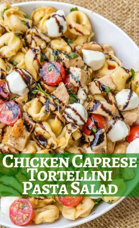 Chicken Caprese Tortellini Pasta Salad is the perfect and quick pasta salad for your summer cookout with chicken, fresh mozzarella, tortellini and quick balsamic dressing. Caprese Tortellini Salad, Caprese Tortellini, Salad Tortellini, Quick Pasta Salad, Tortellini Pasta Salad, Chicken Caprese, Pasta Salad With Tortellini, Chicken Fresh, Chicken Tortellini